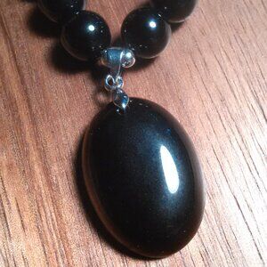 Black Agate Beaded Silvertone Necklace